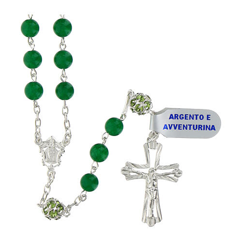 Rosary with aventurine beads of 0.24 in, green rhinestone balls, 925 silver 1