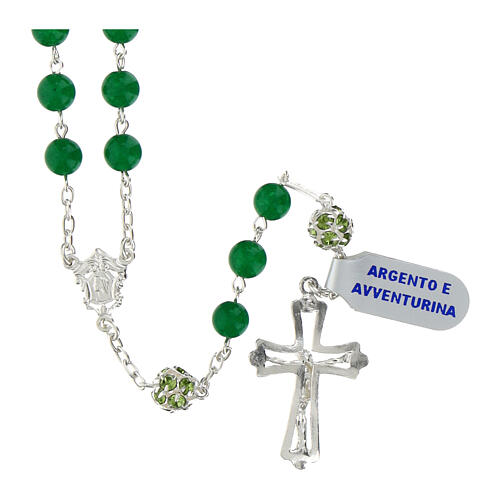 Rosary with aventurine beads of 0.24 in, green rhinestone balls, 925 silver 2