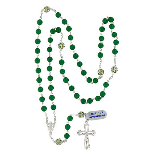 Rosary with aventurine beads of 0.24 in, green rhinestone balls, 925 silver 4