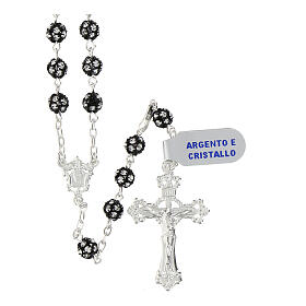 Rosary of black rhinestone balls of 0.24 in, white rhinestones, 925 silver