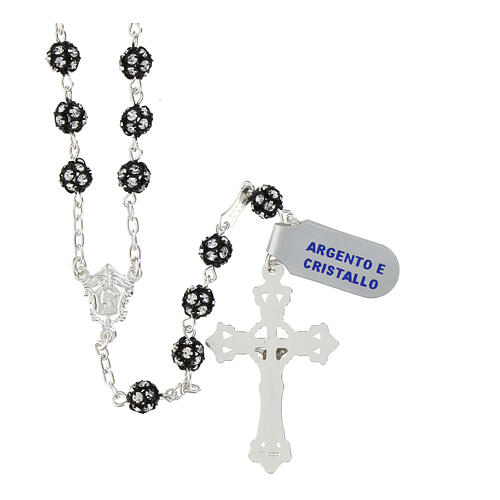 Rosary of black rhinestone balls of 0.24 in, white rhinestones, 925 silver 2