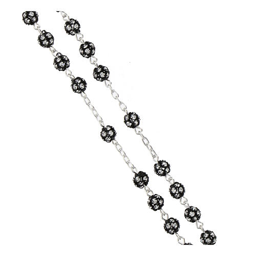 Rosary of black rhinestone balls of 0.24 in, white rhinestones, 925 silver 3