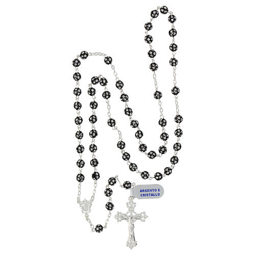 Rosary of black rhinestone balls of 0.24 in, white rhinestones, 925 silver 4