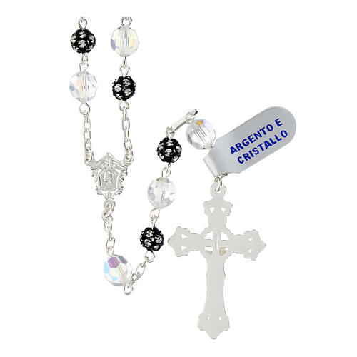 Rosary of black rhinestone balls and white iridescent crystals of 0.31 in, 925 silver 2