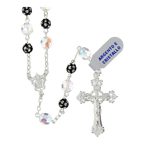 Rosario strassball nera cristalli bianchi iridescenti 8 mm argento 925 1