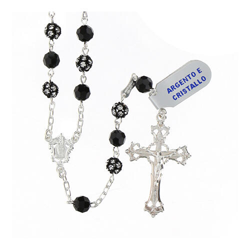 Rosary of black rhinestone balls and black crystals of 0.24 in, 925 silver 1