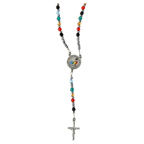 Jubilee rosary with rhodium-plated cable and enamelled medal, 925 silver and crystals 1