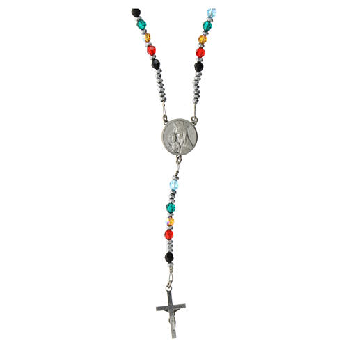 Jubilee rosary with rhodium-plated cable and enamelled medal, 925 silver and crystals 2