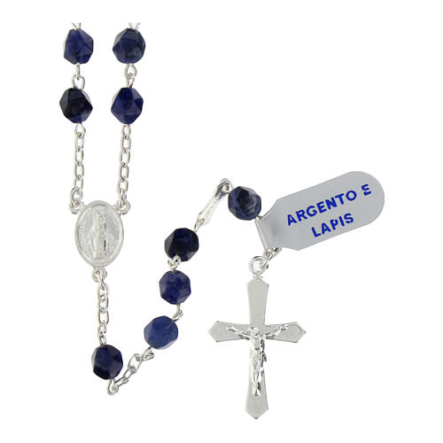 Rosary of lapis lazuli, 0.24 in faceted beads, Miraculous Medal, 925 silver 1