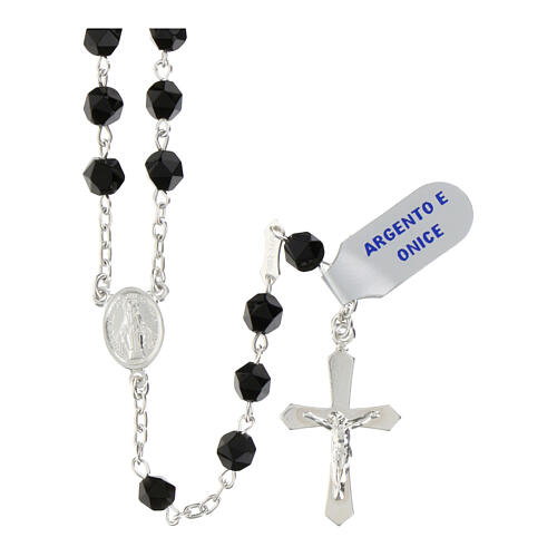 Rosary of onyx, 0.24 in faceted beads, Miraculous Medal, 925 silver 1