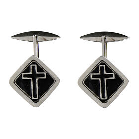 Cufflinks with cross on black enamel, 925 silver, 0.6 in