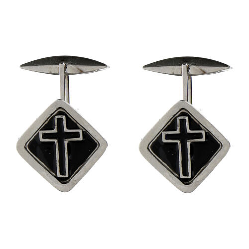 Cufflinks with cross on black enamel, 925 silver, 0.6 in 1