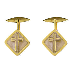 Cufflinks with cross on pearl white enamel, 925 silver, 0.6 in