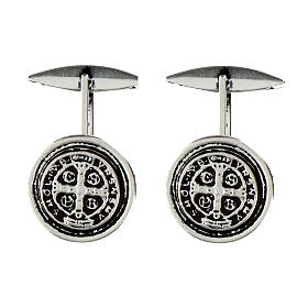 Round cufflinks, burnished 925 silver, Medal of St Benedict