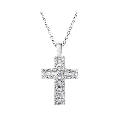 Kette mit Kreuz und weißen Zirkonen Amen aus 925er rhodiniertem Silber 1