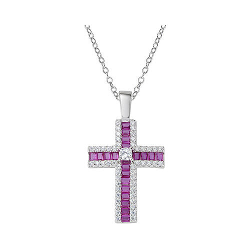 Halskette Kreuz mit rosa und weißen Kristallen Amen aus 925er rhodiniertem Silber 1