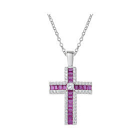 Collier croix cristaux roses blancs Amen argent 925 rhodié