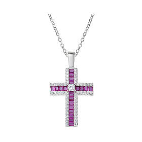 925 Silver Cross Necklace with Pink and White Crystals by Amen, Rhodium Finished