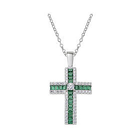 AMEN necklace with white and green rhinestone cross, rhodium-plated 925 silver