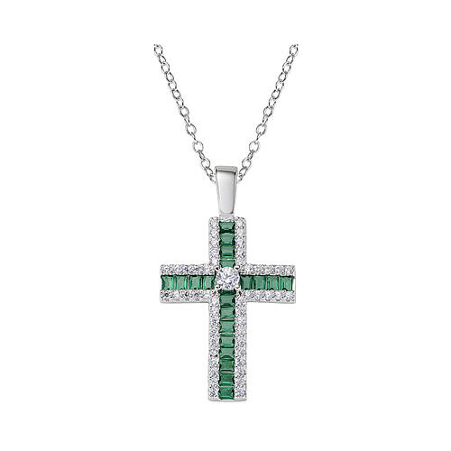 AMEN necklace with white and green rhinestone cross, rhodium-plated 925 silver 1