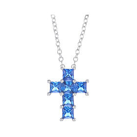 AMEN necklace with cross of 0.4 in blue rhinestones, rhodium-plated 925 silver