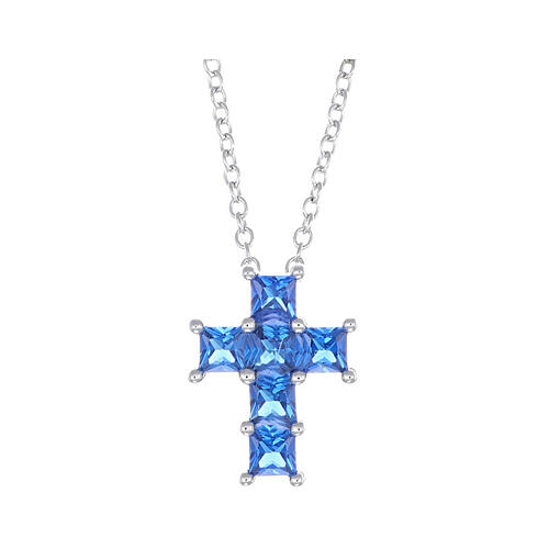 Collier croix avec zircons bleus 1 cm en argent 925 rhodié Amen 1