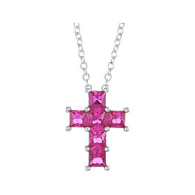 AMEN necklace with cross of 0.4 in red rhinestones, rhodium-plated 925 silver