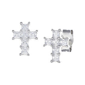 AMEN cross-shaped stud earrings, white rhinestones and rhodium-plated 925 silver