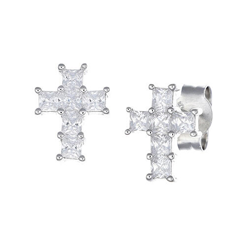 AMEN cross-shaped stud earrings, white rhinestones and rhodium-plated 925 silver 1