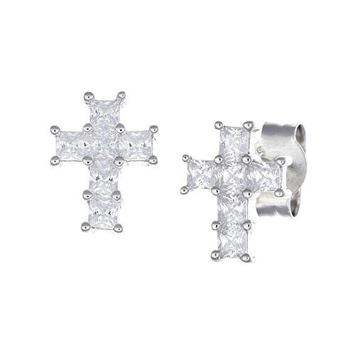 Boucles d'oreilles croix 8 mm zircons blancs Amen argent 925 rhodié 1