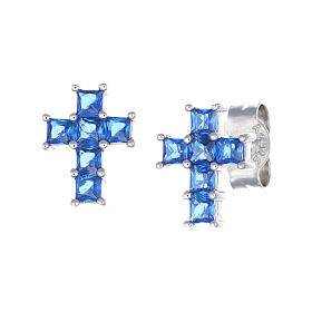 AMEN cross-shaped stud earrings, blue rhinestones and rhodium-plated 925 silver