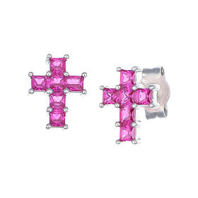 AMEN cross-shaped stud earrings, red rhinestones and rhodium-plated 925 silver