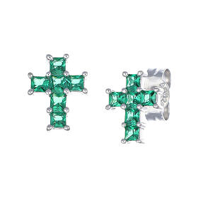 Kreuz-Ohrringe mit 8 mm grünen Zirkonen Amen aus rhodiniertem 925er Silber