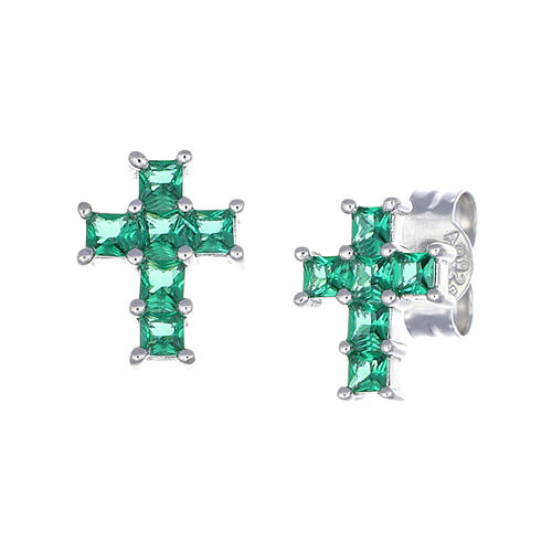 Boucles d'oreilles zircons verts croix 8 mm Amen argent 925 rhodié 1