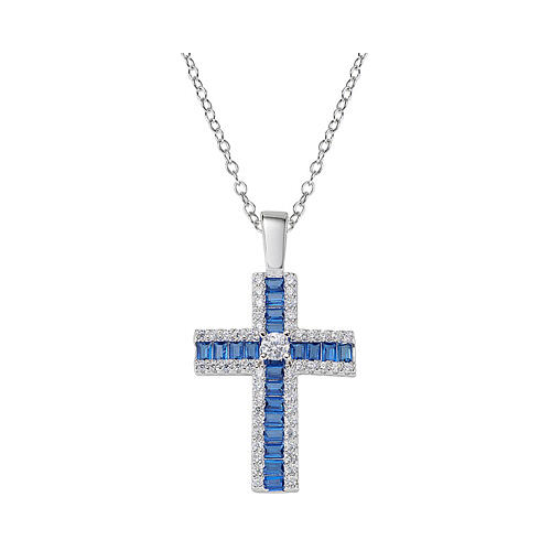 Kreuz mit weißen und blauen Zirkonen, Halskette aus 925er rhodiniertem Silber von Amen 1