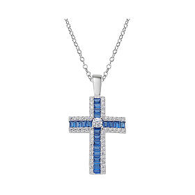 925 Silver Cross Necklace with White and Blue Zircons by Amen, Rhodium Finished