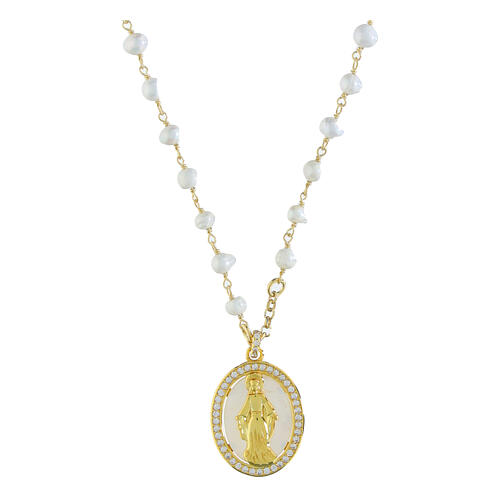 Collar perlas dorada Agios Virgen Milagrosa plata 925 1
