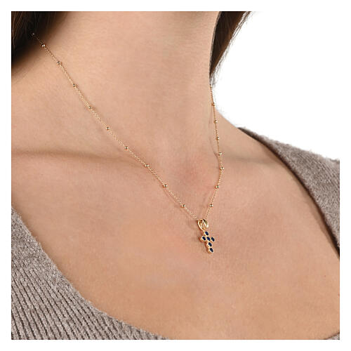 Collana dorata croce zirconi blu argento 925 Agios 2