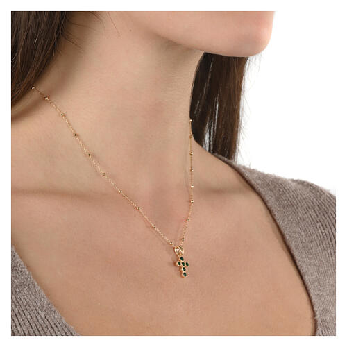 925 Silver Gold-Plated Cross Necklace with Emerald Green Zircons by Agios 2