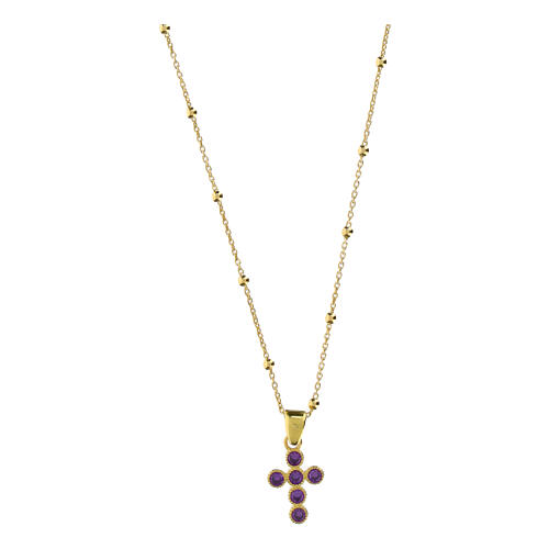 Golden Cross Necklace with Purple Zircons 925 Silver by Agios 1