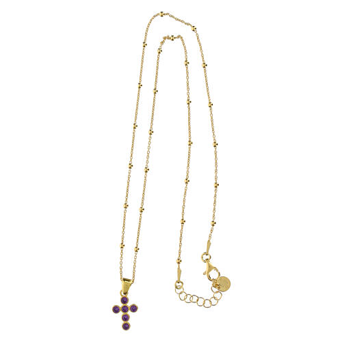 Golden Cross Necklace with Purple Zircons 925 Silver by Agios 4