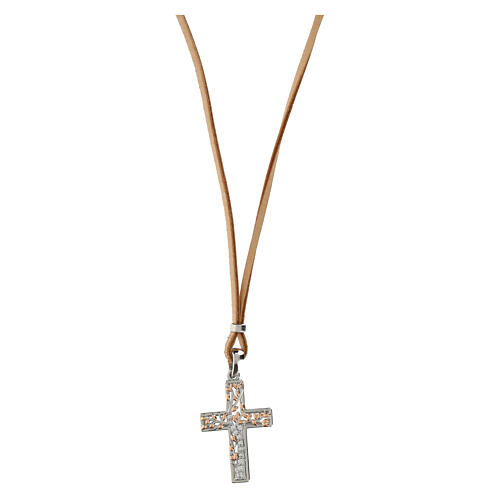 Collier cuir beige croix arbre de vie argent 925 Agios 1