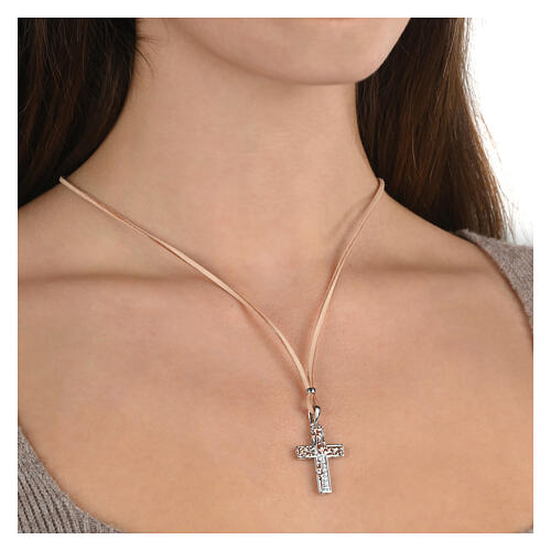 Collana pelle beige croce albero vita argento 925 Agios 2