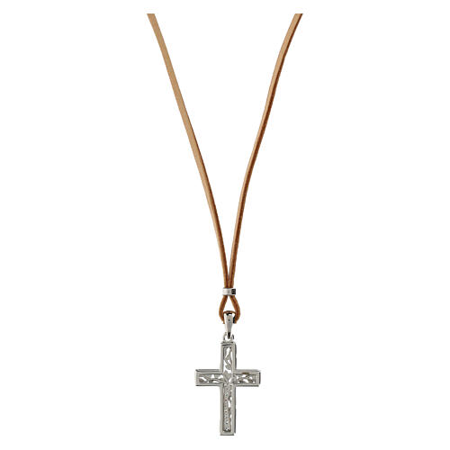 Collana pelle beige croce albero vita argento 925 Agios 3