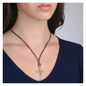 Collana pelle nera croce dorata albero vita argento 925 Agios
