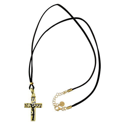 Collana pelle nera croce dorata albero vita argento 925 Benedictus 5