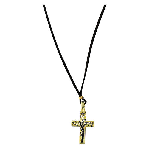 Black leather necklace with golden cross Tree of Life 925 silver by Agios 1