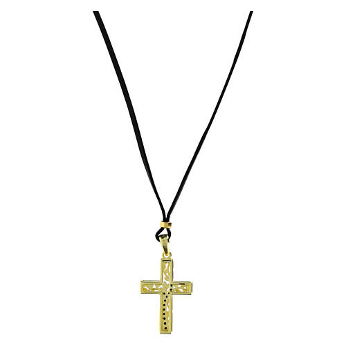 Black leather necklace with golden cross Tree of Life 925 silver by Agios 3