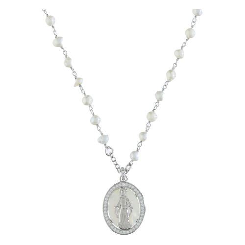 925 Silver Pearl Miraculous Mary Necklace, Agios 1