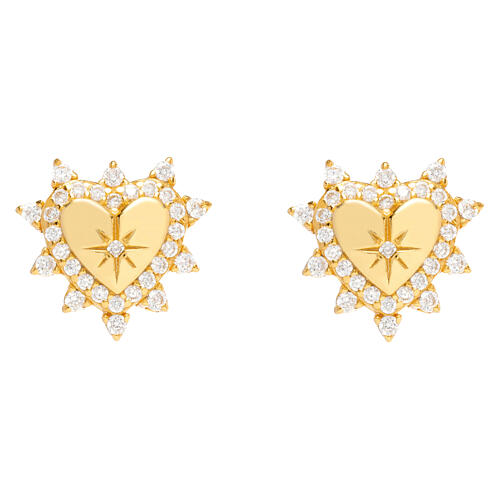 Gold plated stud earrings by Agios, heart with white rhinestones 1
